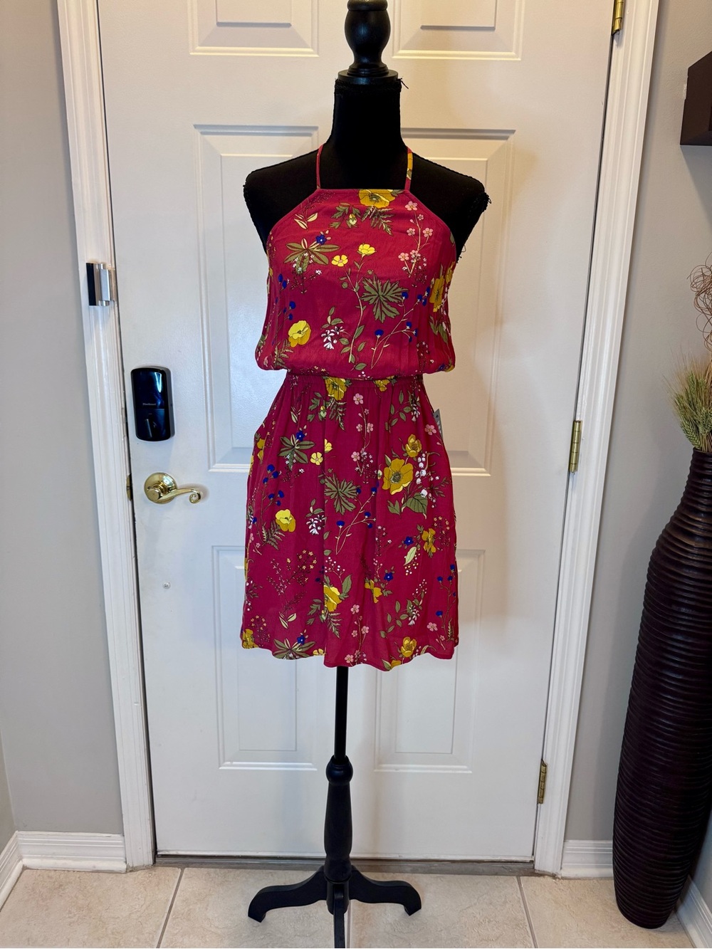 Express Berry Floral Halter Mini Dress